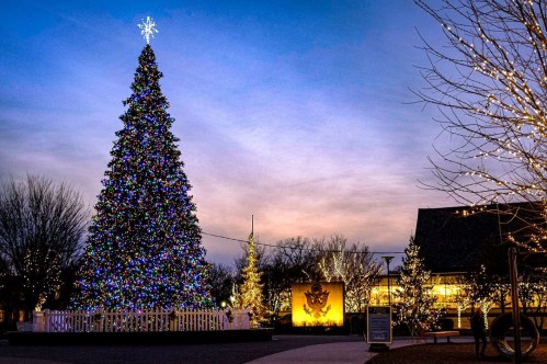 A brightly lit Christmas tree adorned with colorful lights, set against a twilight sky and festive decorations.