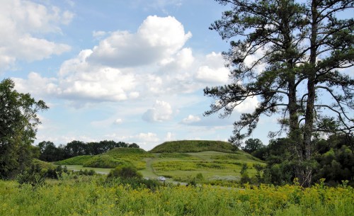 A grassy landscape featuring a large earth mound under a blue sky with fluffy clouds, surrounded by trees.