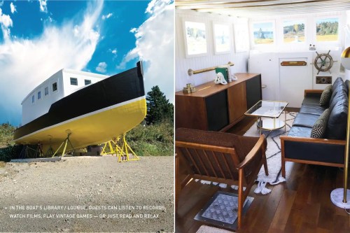 A boat on land beside a cozy lounge with vintage decor, inviting guests to relax and enjoy various activities.
