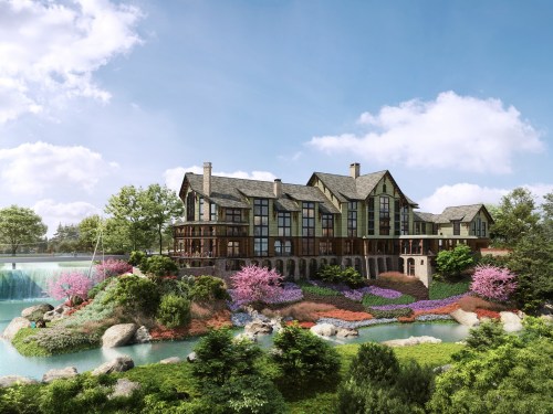 A large, modern house surrounded by lush greenery and colorful flowers, with a serene pond and waterfall nearby.