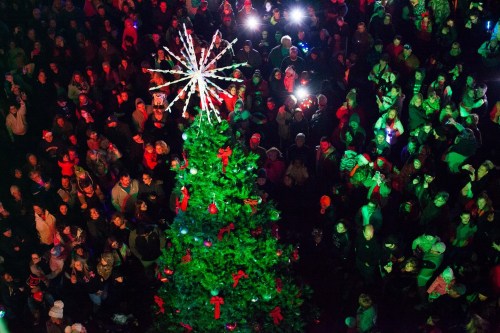 A large crowd gathers around a brightly lit Christmas tree adorned with decorations and a star on top.