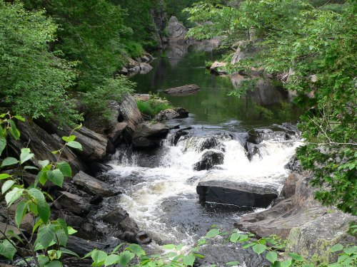 A serene river flows over rocks, surrounded by lush green trees and a tranquil landscape.