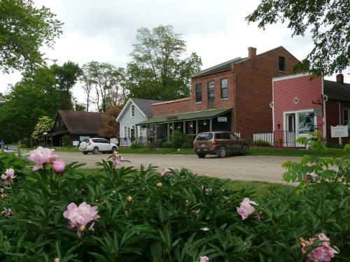 A quaint rural scene featuring brick buildings, a dirt road, and blooming flowers in the foreground under a cloudy sky.