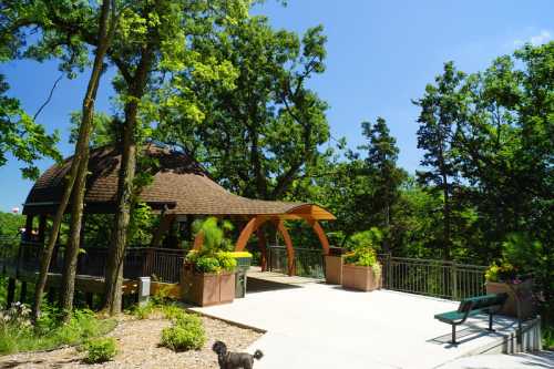 A wooden gazebo surrounded by trees, with a paved area and planters, under a clear blue sky.