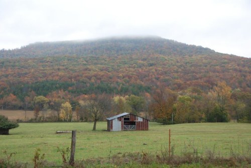 A rustic barn in a grassy field, with a colorful, misty mountain backdrop in autumn.