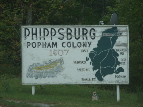 Sign for Phippsburg Popham Colony, featuring a map and historical details, established in 1607.
