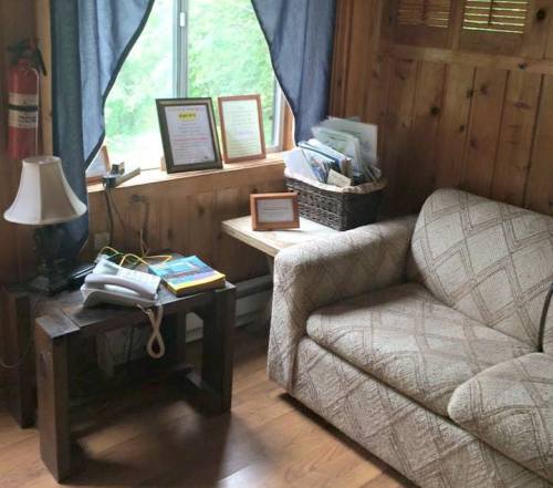 Cozy room with a patterned couch, wooden table, lamp, phone, and framed documents by a window with blue curtains.