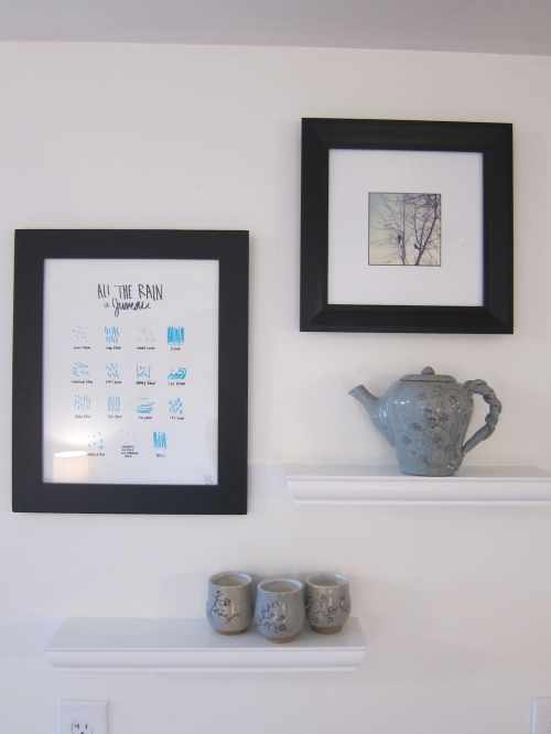 A wall display featuring framed art, a teapot, and decorative cups on a shelf.