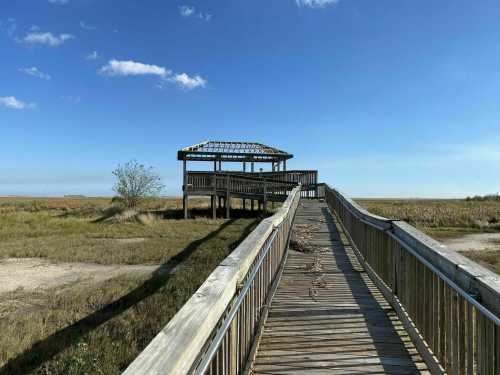 A wooden boardwalk leads to a gazebo overlooking a grassy landscape under a clear blue sky.