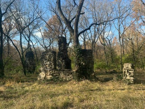 Ruins of a stone structure surrounded by trees and grass under a clear blue sky.