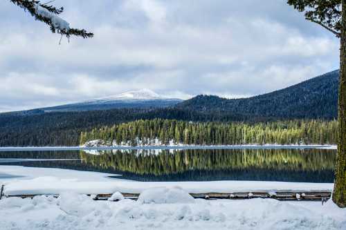 A serene winter landscape featuring a snowy lake, mountains, and evergreen trees reflecting in the water.