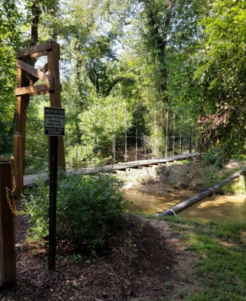 A wooden bridge over a creek, surrounded by lush greenery and a sign warning about long water.