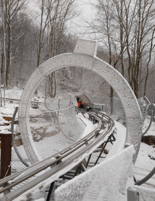 A snowy landscape featuring a circular roller coaster track winding through trees.