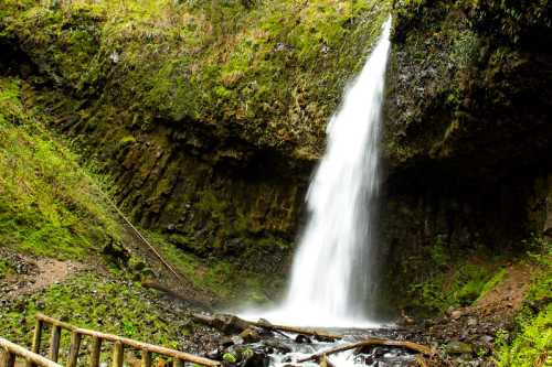 A serene waterfall cascading down a rocky cliff, surrounded by lush greenery and moss-covered stones.