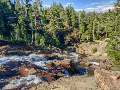 A scenic view of a river flowing over rocky terrain, surrounded by lush green trees and a clear blue sky.
