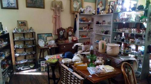 A cozy antique shop filled with vintage items, including dishes, decor, and furniture, creating a nostalgic atmosphere.