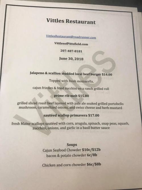 Menu from Vittles Restaurant featuring dishes like jalapeño beef burger, prime rib, and scallop primavera.