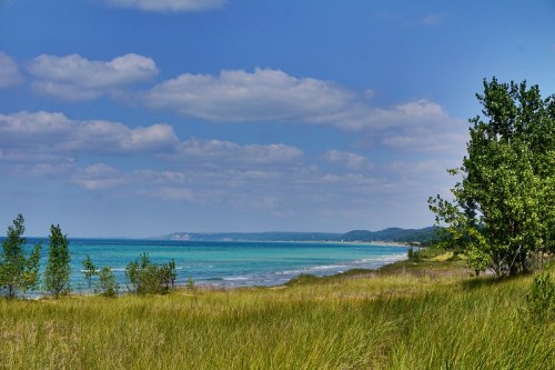A serene beach scene with turquoise water, sandy shore, and lush green grass under a blue sky with scattered clouds.