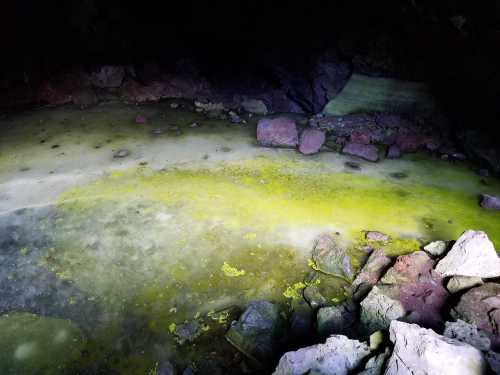 A dimly lit cave floor with a greenish pool of water surrounded by rocks and uneven terrain.