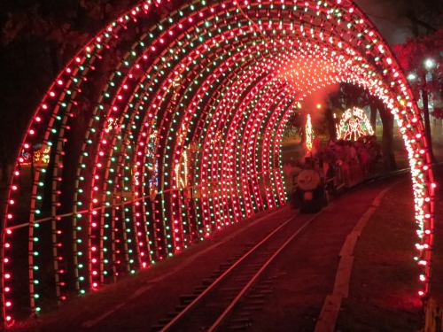 A colorful tunnel of red and green lights with a train passing through, creating a festive atmosphere.