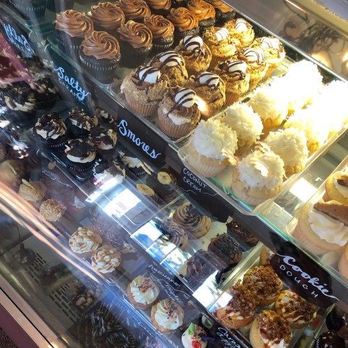 A display case filled with various cupcakes, including s'mores, coconut cream, and cookie dough flavors.