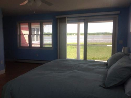 A cozy bedroom with blue walls, a large bed, and windows overlooking a grassy area and water.