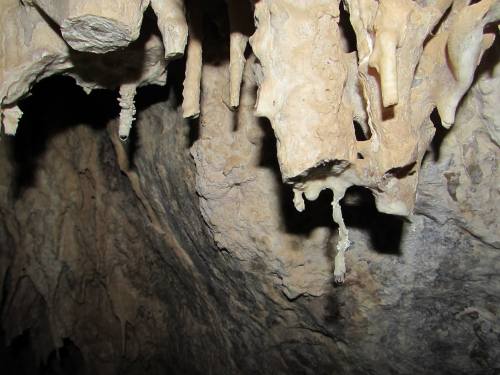 Stalactites and rock formations hanging from a cave ceiling, with textured stone walls in the background.