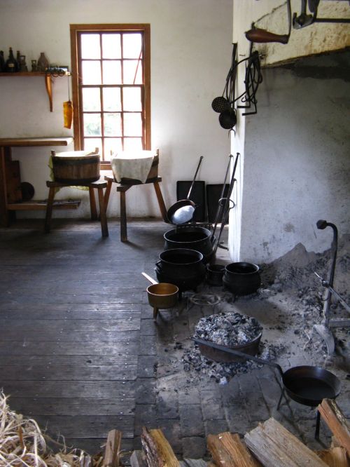 A rustic kitchen with a fireplace, pots, and wooden furniture, featuring a warm, inviting atmosphere.