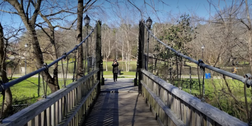 A person stands on a wooden suspension bridge surrounded by trees and a park in the background.