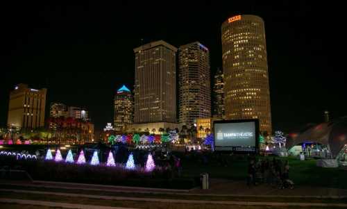 City skyline at night with colorful lights, a large screen, and people gathered in a park.