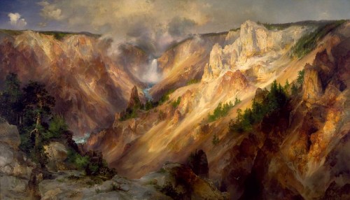 A dramatic landscape painting of a canyon with steep cliffs, a river, and lush trees under a cloudy sky.