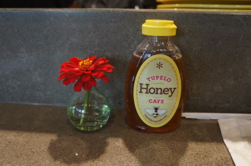 A small vase with a red flower next to a bottle of Tupelo Honey on a countertop.