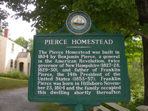 Historical marker for Pierce Homestead, detailing its construction by Benjamin Pierce and connection to Franklin Pierce.