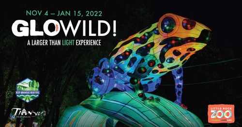 Colorful illuminated frog sculpture with event details for "Glow Wild!" at Little Rock Zoo, Nov 4 - Jan 15, 2022.