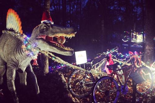 A dinosaur wearing a Santa hat surrounded by festive lights and decorated bicycles in a nighttime setting.