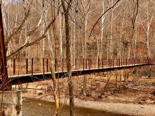 A narrow suspension bridge spans a creek, surrounded by bare trees and a brown landscape in early spring.
