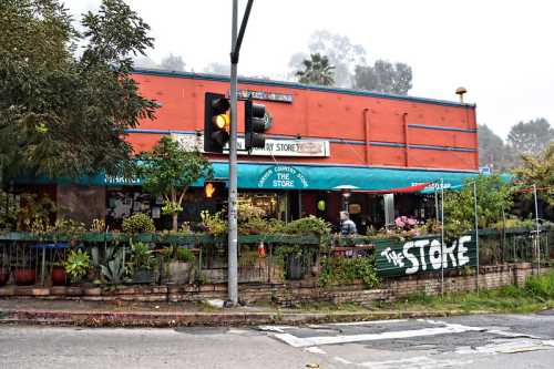 A colorful storefront with a green awning, plants, and a sign reading "The Store," set in a foggy environment.