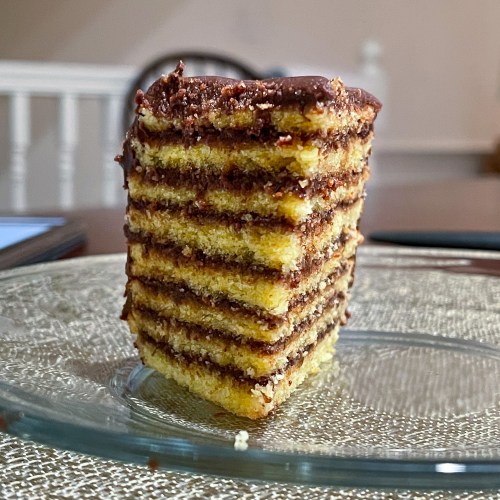 A slice of layered chocolate and yellow cake on a glass plate, showcasing its rich, textured layers.
