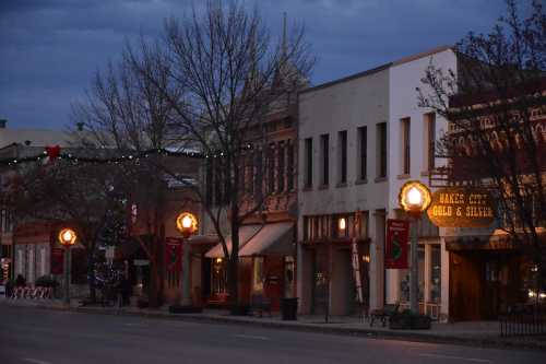 A quiet street scene with historic buildings, festive decorations, and glowing street lamps at dusk.