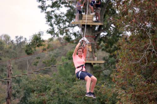 A person in a pink shirt zip-lining through a forested area, with trees and a platform visible in the background.