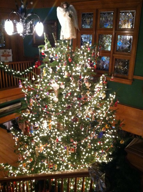 A beautifully decorated Christmas tree adorned with lights and ornaments, topped with an angel, in a cozy setting.