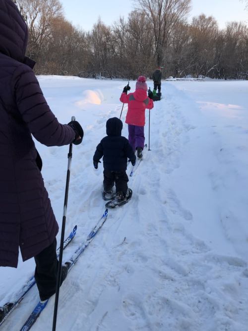 A family snowshoeing on a snowy path, with two children leading the way in winter gear. Trees are in the background.