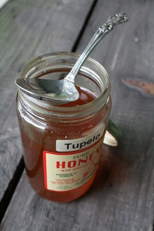 A jar of Tupelo honey with a silver spoon resting on the rim, placed on a wooden surface.