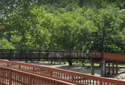 A wooden bridge spans a river, surrounded by lush green trees and a clear blue sky.