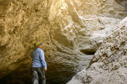 A person in a blue shirt and hat stands in a rocky cave, gazing up at the textured stone walls.