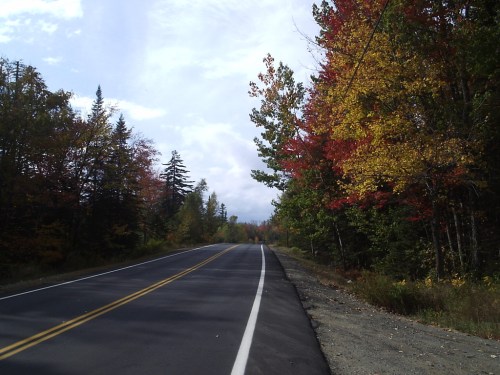 A winding road lined with trees displaying vibrant autumn foliage in shades of red, orange, and yellow.