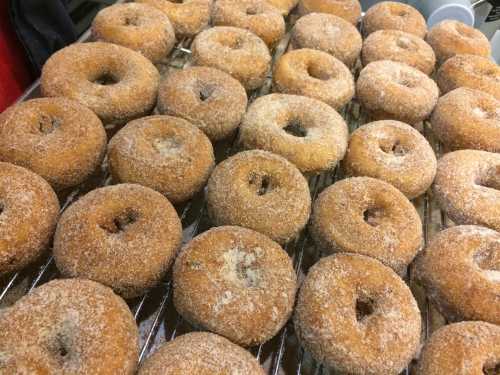 A close-up of freshly made, sugar-coated donuts arranged on a cooling rack.