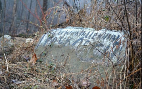 A weathered stone partially covered by grass and leaves, with faint inscriptions, set in a misty forest.