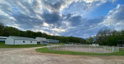 A peaceful farm scene with a dirt road, white fences, and a cloudy sky over green fields and buildings.