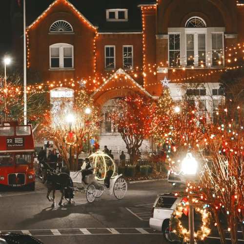 A festive scene with a horse-drawn carriage, holiday lights, and decorated trees in front of a historic building.
